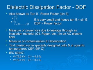 Dielectric Dissipation Factor - DDF
Dielectric Dissipation Factor - DDF
 Also known as Tan
Also known as Tan δ
δ, Power Factor (sin
, Power Factor (sin δ
δ)
)
 Measure of power loss due to leakage through an
Measure of power loss due to leakage through an
Insulation material (Oil, Paper, etc..) in an AC electric
Insulation material (Oil, Paper, etc..) in an AC electric
field
field
 Measure of contamination & Deterioration
Measure of contamination & Deterioration
 Test carried out in specially designed cells & at specific
Test carried out in specially designed cells & at specific
temperatures (25º, 90º C)
temperatures (25º, 90º C)
 IEC 60247,
IEC 60247,

V>72.5 kV : 0.1 ~ 0.2 %
V>72.5 kV : 0.1 ~ 0.2 %

V<72.5 kV : 0.1 ~ 0.5 %
V<72.5 kV : 0.1 ~ 0.5 %
Ic
Vc
IR
δ
δ
δ is very small and hence tan
is very small and hence tan δ
δ = sin
= sin δ
δ
DDF = Power factor
DDF = Power factor
 