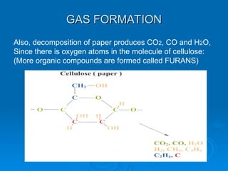 GAS FORMATION
GAS FORMATION
Also, decomposition of paper produces CO2, CO and H2O,
Since there is oxygen atoms in the molecule of cellulose:
(More organic compounds are formed called FURANS)
 
