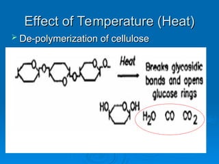 Effect of Temperature (Heat)
Effect of Temperature (Heat)
 De-polymerization of cellulose
De-polymerization of cellulose
 