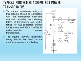 TYPICAL PROTECTIVE SCHEME FOR POWER
TRANSFORMERS
◼ The current transformer ratings in
this scheme should be compatible
with the transformer short-time
overload capability: approximately
200% of transformer self cooled
rating for wye-connected current
transformers and 350% (200%) for
delta-connected current
transformers.
◼ The neutral current transformer
rating should be 50% of the
maximum resistor current rating.
 