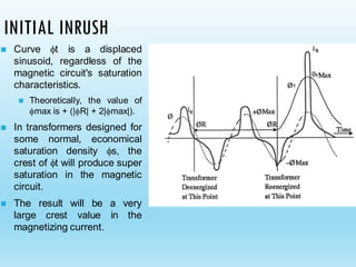 INITIAL INRUSH
◼ Curve t is a displaced
sinusoid, regardless of the
magnetic circuit's saturation
characteristics.
◼ Theoretically, the value of
max is + (|R| + 2|max|).
◼ In transformers designed for
some normal, economical
saturation density s, the
crest of t will produce super
saturation in the magnetic
circuit.
◼ The result will be a very
large crest value in the
magnetizing current.
 