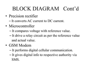 BLOCK DIAGRAM Cont’d 
• Precision rectifier 
– It converts AC current to DC current. 
• Microcontroller 
– It compares voltage with reference value. 
– It drive a relay circuit as per the reference value 
and actual value. 
• GSM Modem 
– It performs digital cellular communication. 
– It gives digital info to respective authority via 
SMS. 
 