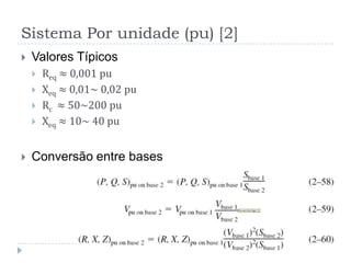 Sistema Por unidade (pu) [2]
 Valores Típicos
 Req ≈ 0,001 pu
 Xeq ≈ 0,01~ 0,02 pu
 Rc ≈ 50~200 pu
 Xeq ≈ 10~ 40 pu
 Conversão entre bases
 