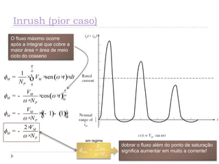 Inrush (pior caso)
( )
( )
( ) ( )
0
0
1
sen
cos
1 1
2
M M
P
M
M
P
M
M
P
M
M
P
V t dt
N
V
t
N
V
N
V
N
= × × × ×
= - × ×
×
é ù= - × - -ë û×
×
= -
×
ò
max
max
P
V
N
=
×
em regime
O fluxo máximo ocorre
após a integral que cobre a
maior área = área de meio
ciclo do cosseno
dobrar o fluxo além do ponto de saturação
significa aumentar em muito a corrente!
 