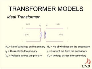 TRANSFORMER MODELS
Ideal Transformer
ip(t)

Np

Ns

is(t)

+

+
Vp(t)

-

Vs(t)
-

Np = No of windings on the primary Ns = No of windings on the secondary
ip = Current into the primary

is = Current out from the secondary

Vp = Voltage across the primary

Vs = Voltage across the secondary

 