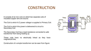 It consists of an iron core on which two separate coils of
insulated copper wire are wound.
The Coil to which A.C power voltage is supplied is Primary Coil.
The Coil to which this power is delievered to circuit is
Secondary Coil.
The Secondary Coil has a load resistance connected to safe
transformer from being heating up.
These coils have no electrically linked as they have
magnetical links.
Construction of a simple transformer can be seen from figure:
CONSTRUCTION
 