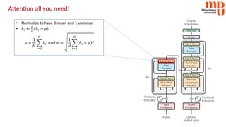 Attention all you need!
• Normalize to have 0 mean and 1 variance
• ℎ𝑖𝑖 ←
𝑔𝑔
𝜎𝜎
ℎ𝑖𝑖 − 𝜇𝜇 ,
𝜇𝜇 =
1
𝐻𝐻
�
𝑖𝑖=1
𝐻𝐻
ℎ𝑖𝑖 𝑎𝑎𝑎𝑎𝑎𝑎 𝜎𝜎 =
1
𝐻𝐻
�
𝑖𝑖=1
𝐻𝐻
ℎ𝑖𝑖 − 𝜇𝜇 2
 