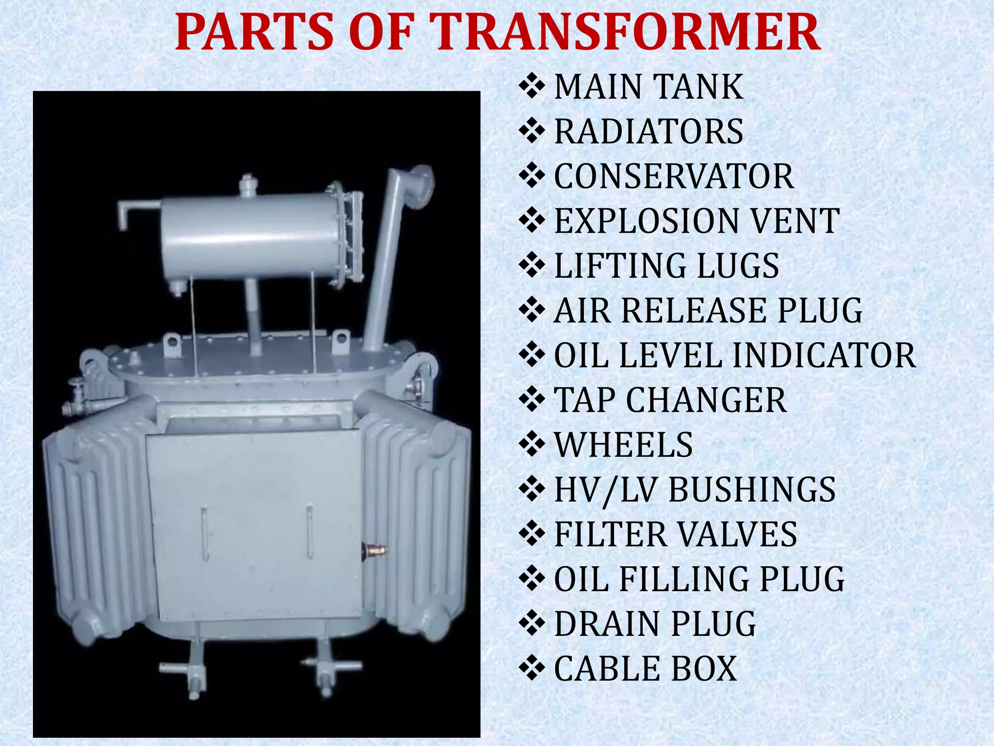 PARTS OF TRANSFORMER
MAIN TANK
RADIATORS
CONSERVATOR
EXPLOSION VENT
LIFTING LUGS
AIR RELEASE PLUG
OIL LEVEL INDICATOR
TAP CHANGER
WHEELS
HV/LV BUSHINGS
FILTER VALVES
OIL FILLING PLUG
DRAIN PLUG
CABLE BOX
 
