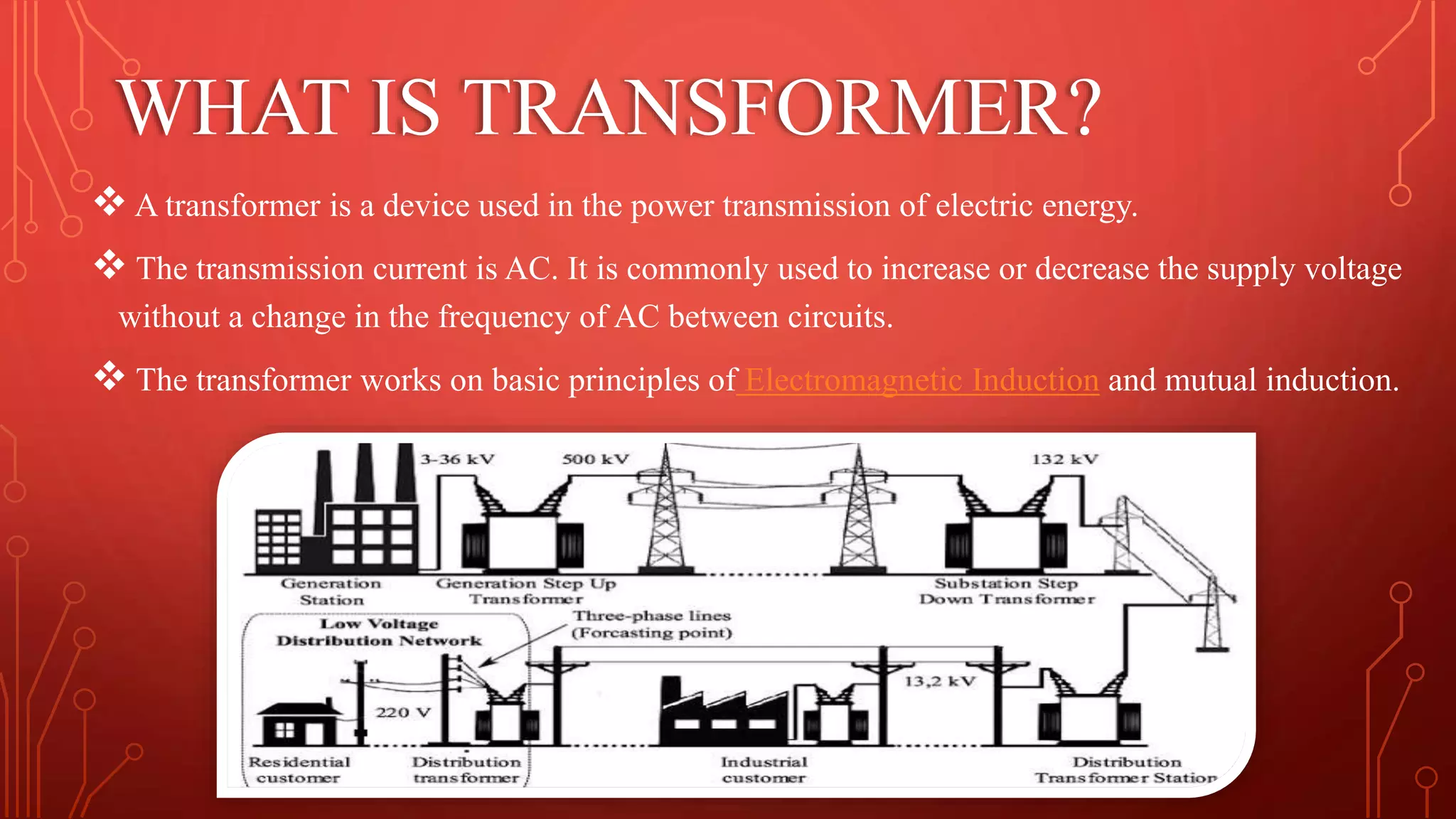 WHAT IS TRANSFORMER?
 A transformer is a device used in the power transmission of electric energy.
 The transmission current is AC. It is commonly used to increase or decrease the supply voltage
without a change in the frequency of AC between circuits.
 The transformer works on basic principles of Electromagnetic Induction and mutual induction.
 