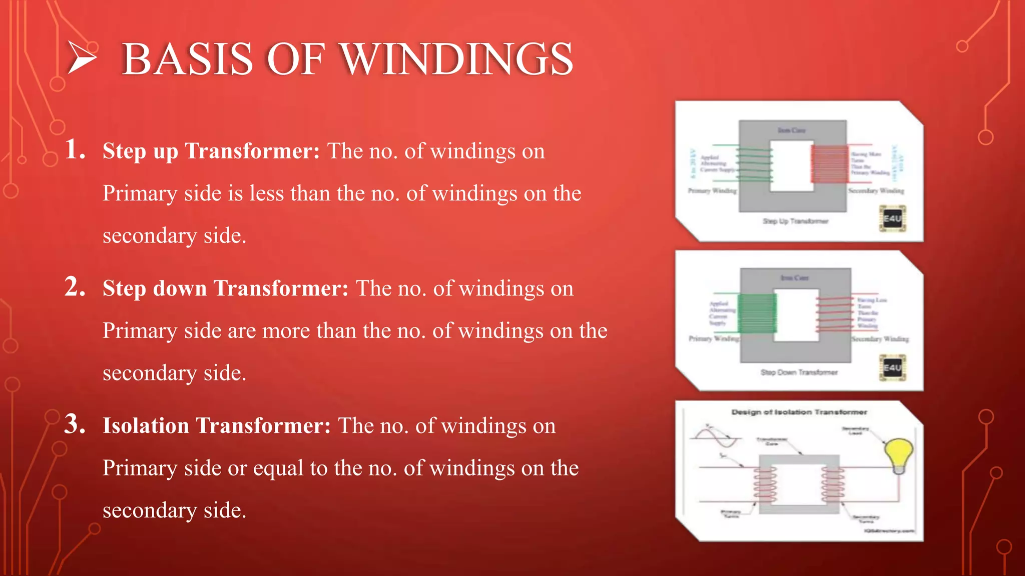  BASIS OF WINDINGS
1. Step up Transformer: The no. of windings on
Primary side is less than the no. of windings on the
secondary side.
2. Step down Transformer: The no. of windings on
Primary side are more than the no. of windings on the
secondary side.
3. Isolation Transformer: The no. of windings on
Primary side or equal to the no. of windings on the
secondary side.
 