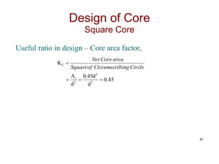 Useful ratio in design – Core area factor,
41
Design of Core
Square Core
45
.
0
d
d
45
.
0
d
A
K
2
2
2
i
C




Circle
bing
Circumscri
of
Square
area
Core
Net
 