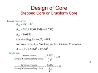 Gross core area,
The ratios,
45
2
2
2
gi
2
gi
2
gi
d
56
.
0
d
618
.
0
9
.
0
,
9
.
0
d
618
.
0
A
)
d
53
.
0
(
)
d
53
.
0
)(
d
85
.
0
(
2
A
b
ab
2
A










i
i
f
A
area
Core
Gross
X
factor
Stacking
A
area,
core
Net
S
factor,
stacking
Let
Design of Core
Stepped Core or Cruciform Core
79
.
0
d
4
d
618
.
0
71
.
0
d
4
d
56
.
0
2
2
2
2






circle
bing
Circumscri
of
Area
area
core
Gross
circle
bing
Circumscri
of
Area
area
core
Net
 