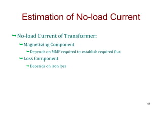 Estimation of No-load Current
No-load Current of Transformer:
Magnetizing Component
Depends on MMF required to establish required flux
Loss Component
Depends on iron loss
65
 
