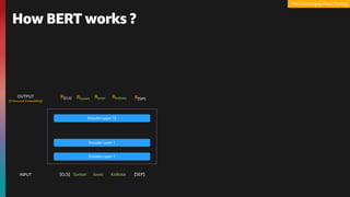 How BERT works ?
Pre-Training & Fine-Tuning
[CLS] Suman loves Kolkata [SEP]
Encoder Layer 1
Encoder Layer 1
Encoder Layer 12
INPUT
R[CLS] R[SEP]
RSuman Rloves RKolkata
OUTPUT
(Enhanced Embedding)
 