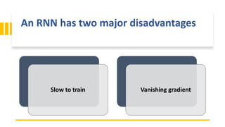An RNN has two major disadvantages
Slow to train Vanishing gradient
 