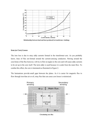 Relationship between load and heat produced in transformer windings
Iron (or Core) Losses
The iron loss is due to stray eddy currents formed in the transformer core. As you probably
know, lines of flux are formed around the current-carrying conductors. flowing around the
core.Some of the flux however, will try to flow at angles to the core and will cause eddy currents
to be set up in the core itself. The term eddy is used because it is aside from the main flow. To
combat this effect, the core is laminated as illustrated in Figure 2.
The laminations provide small gaps between the plates. As it is easier for magnetic flux to
flow through iron than air or oil, stray flux that can cause core losses is minimized.
Circulating core flux
 