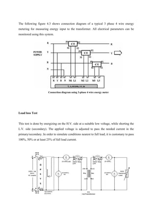 The following figure 4.3 shows connection diagram of a typical 3 phase 4 wire energy
metering for measuring energy input to the transformer. All electrical parameters can be
monitored using this system.
Connection diagram using 3-phase 4 wire energy meter
Load loss Test
This test is done by energizing on the H.V. side at a suitable low voltage, while shorting the
L.V. side (secondary). The applied voltage is adjusted to pass the needed current in the
primary/secondary. In order to simulate conditions nearest to full load, it is customary to pass
100%, 50% or at least 25% of full load current.
 