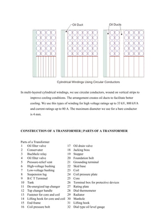 In multi-layered cylindrical windings, we use circular conductors, wound on vertical strips to
improve cooling conditions. The arrangement creates oil ducts to facilitate better
cooling. We use this types of winding for high voltage ratings up to 33 kV, 800 kVA
and current ratings up to 80 A. The maximum diameter we use for a bare conductor
is 4 mm.
CONSTRUCTION OF A TRANSFORMER | PARTS OF A TRANSFORMER
Parts of a Transformer
1 Oil filter valve 17 Oil drain valve
2 Conservator 18 Jacking boss
3 Buchholz relay 19 Stopper
4 Oil filter valve 20 Foundation bolt
5 Pressure-relief vent 21 Grounding terminal
6 High-voltage bushing 22 Skid base
7 Low-voltage bushing 23 Coil
8 Suspension lug 24 Coil pressure plate
9 B C T Terminal 25 Core
10 Tank 26 Terminal box for protective devices
11 De-energized tap changer 27 Rating plate
12 Tap changer handle 28 Dial thermometer
13 Fastener for core and coil 29 Radiator
14 Lifting hook for core and coil 30 Manhole
15 End frame 31 Lifting hook
16 Coil pressure bolt 32 Dial type oil level gauge
 