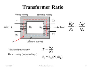 H1
H2
X1
X2
Transformer Ratio
Transformer turns ratio
Ns
Np
Es
Ep

Ns
Np
Es
Ep

1/12/2023 Prof. Z. Jan Bochynski 15
Φ
Es = Ep (Ns /Np)
The secondary (output voltage )
 