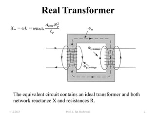 Real Transformer
The equivalent circuit contains an ideal transformer and both
network reactance X and resistances R.
1/12/2023 Prof. Z. Jan Bochynski 21
 