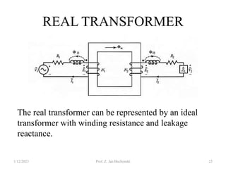 REAL TRANSFORMER
1/12/2023 Prof. Z. Jan Bochynski 23
The real transformer can be represented by an ideal
transformer with winding resistance and leakage
reactance.
 