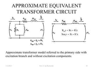 APPROXIMATE EQUIVALENT
TRANSFORMER CIRCUIT
1/12/2023 Prof. Z. Jan Bochynski 30
Approximate transformer model referred to the primary side with
excitation branch and without excitation components.
Req1 = R1 + R’2
Xeq 1 = X1 +X’2
 