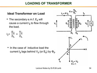34
LOADING OF TRANSFORMER
Ideal Transformer on Load
• The secondary e.m.f. E2 will
cause a current I2 to flow through
the load.
I2=
E2
ZL
=
V2
ZL
• In the case of inductive load the
current I2 lags behind V2 (or E2) by Φ2.
Lecture Notes by Dr.R.M.Larik
 