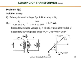 38
LOADING OF TRANSFORMER (Contd.)
Problem 4(a)
Solution (Contd.):
ii) Primary induced voltage E1= 4.44 x f x N1 x Φm
Φm=
E1
4.44 x f x N1
=
200
4.44 x 50 x 90
= 0.01 Wb
Secondary induced voltage E2 = K x E1 = 25 x 200 = 5000 V
Secondary current phase angle Φ2 = Cos -1 0.8 = 36.9o
Lecture Notes by Dr.R.M.Larik
 