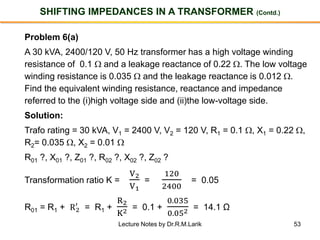 53
SHIFTING IMPEDANCES IN A TRANSFORMER (Contd.)
Problem 6(a)
A 30 kVA, 2400/120 V, 50 Hz transformer has a high voltage winding
resistance of 0.1  and a leakage reactance of 0.22 . The low voltage
winding resistance is 0.035  and the leakage reactance is 0.012 .
Find the equivalent winding resistance, reactance and impedance
referred to the (i)high voltage side and (ii)the low-voltage side.
Solution:
Trafo rating = 30 kVA, V1 = 2400 V, V2 = 120 V, R1 = 0.1 , X1 = 0.22 ,
R2= 0.035 , X2 = 0.01 
R01 ?, X01 ?, Z01 ?, R02 ?, X02 ?, Z02 ?
Transformation ratio K =
V2
V1
=
120
2400
= 0.05
R01 = R1 + R2
′
= R1 +
R2
K2 = 0.1 +
0.035
0.052 = 14.1 Ω
Lecture Notes by Dr.R.M.Larik
 
