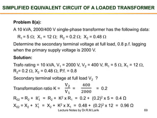 69
SIMPLIFIED EQUIVALENT CIRCUIT OF A LOADED TRANSFORMER
Problem 8(a):
A 10 kVA, 2000/400 V single-phase transformer has the following data:
R1 = 5 ; X1 = 12 ; R2 = 0.2 ; X2 = 0.48 
Determine the secondary terminal voltage at full load, 0.8 p.f. lagging
when the primary supply voltage is 2000 V.
Solution:
Trafo rating = 10 kVA, V1 = 2000 V, V2 = 400 V, R1 = 5 , X1 = 12 ,
R2= 0.2 , X2 = 0.48 , P.f. = 0.8
Secondary terminal voltage at full load V2 ?
Transformation ratio K =
V2
V1
=
400
2000
= 0.2
R02 = R2 + R1
′
= R2 + K2 x R1 = 0.2 + (0.2)2 x 5 = 0.4 Ω
X02 = X2 + X1
′
= X2 + K2 x X1 = 0.48 + (0.2)2 x 12 = 0.96 Ω
Lecture Notes by Dr.R.M.Larik
 