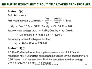 70
SIMPLIFIED EQUIVALENT CIRCUIT OF A LOADED TRANSFORMER
Problem 8(a):
Solution (Contd.):
Full load secondary current I2 =
VA
V2
=
10000
400
= 25 A
Φ2 = Cos -1 0.8 = 36.9o, Sin Φ2 = Sin 36.9o = 0.6
Approximate voltage drop = I2 (R02 Cos Φ2 + X02 Sin Φ2)
= 25 (0.4 x 0.8 + 0.96 x 0.6) = 22.4 V
Secondary terminal voltage at full load
V2 = 400 – 22.4 = 377.6 V
Problem 8(b):
A 230/460 V transformer has a primary resistance of 0.2  and
reactance of 0.5  and the corresponding values for the secondary are
0.75  and 1.8  respectively. Find the secondary terminal voltage
when supplying 10 A at 0.8 p.f. lagging.Lecture Notes by Dr.R.M.Larik
 