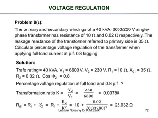 72
VOLTAGE REGULATION
Problem 8(c):
The primary and secondary windings of a 40 kVA, 6600/250 V single-
phase transformer has resistance of 10  and 0.02  respectively. The
leakage reactance of the transformer referred to primary side is 35 .
Calculate percentage voltage regulation of the transformer when
applying full-load current at p.f. 0.8 lagging.
Solution:
Trafo rating = 40 kVA, V1 = 6600 V, V2 = 230 V, R1 = 10 , X01 = 35 ,
R2 = 0.02 , Cos Φ2 = 0.8
Percentage voltage regulation at full load and 0.8 p.f. ?
Transformation ratio K =
V2
V1
=
230
6600
= 0.03788
R01 = R1 + R2
′
= R1 +
R2
K2 = 10 +
0.02
(0.03788)2 = 23.932 Ω
Lecture Notes by Dr.R.M.Larik
 