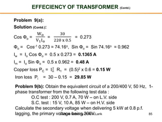 85
EFFECIENCY OF TRANSFORMER (Contd.)
Problem 9(a):
Solution (Contd.):
Cos Φo =
Wo
V1Io
=
30
220 x 0.5
= 0.273
Φo = Cos-1 0.273 = 74.16o, Sin Φo = Sin 74.16o = 0.962
Iw = Io Cos Φo = 0.5 x 0.273 = 0.1365 A
Im = Io Sin Φo = 0.5 x 0.962 = 0.48 A
Copper loss PC = Io
2
R1 = (0.5)2 x 0.6 = 0.15 W
Iron loss Pi = 30 – 0.15 = 29.85 W
Problem 9(b): Obtain the equivalent circuit of a 200/400 V, 50 Hz, 1-
phase transformer from the following test data :
O.C test : 200 V, 0.7 A, 70 W – on L.V. side
S.C. test : 15 V, 10 A, 85 W – on H.V. side
Calculate the secondary voltage when delivering 5 kW at 0.8 p.f.
lagging, the primary voltage being 200V.Lecture Notes by Dr.R.M.Larik
 