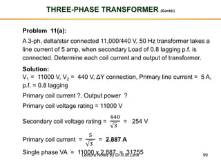 99
THREE-PHASE TRANSFORMER (Contd.)
Problem 11(a):
A 3-ph, delta/star connected 11,000/440 V, 50 Hz transformer takes a
line current of 5 amp, when secondary Load of 0.8 lagging p.f. is
connected. Determine each coil current and output of transformer.
Solution:
V1 = 11000 V, V2 = 440 V, ΔY connection, Primary line current = 5 A,
p.f. = 0.8 lagging
Primary coil current ?, Output power ?
Primary coil voltage rating = 11000 V
Secondary coil voltage rating =
440
3
= 254 V
Primary coil current =
5
3
= 2.887 A
Single phase VA = 11000 x 2.887 = 31755Lecture Notes by Dr.R.M.Larik
 