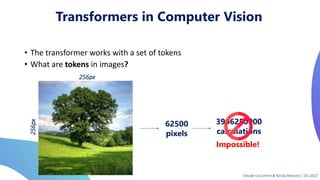 Transformers in Computer Vision
256px
256px
3906250000
calculations
Impossible!
62500
pixels
• The transformer works with a set of tokens
• What are tokens in images?
Davide Coccomini & Nicola Messina | DLI 2022
 