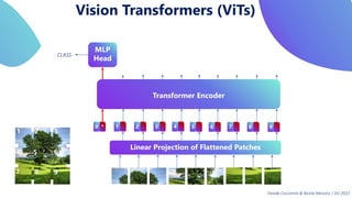 Vision Transformers (ViTs)
0 * 1 2 3 4 5 6 7 8 9
1 2 3
4 5 6
7 8 9
MLP
Head
CLASS
Linear Projection of Flattened Patches
Transformer Encoder
Davide Coccomini & Nicola Messina | DLI 2022
 