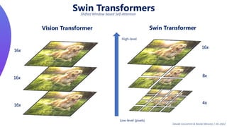 16x 4x
8x
16x
Swin Transformers
Swin Transformer
Vision Transformer
16x
16x
Shifted Window based Self-Attention
Davide Coccomini & Nicola Messina | DLI 2022
Low-level (pixels)
High-level
 
