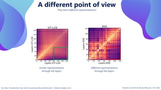 A different point of view
They learn different representations!
Similar representations
through the layers
Different representations
through the layers
Do Vision Transformers See Like Convolutional Neural Networks? | Maithra Raghu et al. Davide Coccomini & Nicola Messina | DLI 2022
 