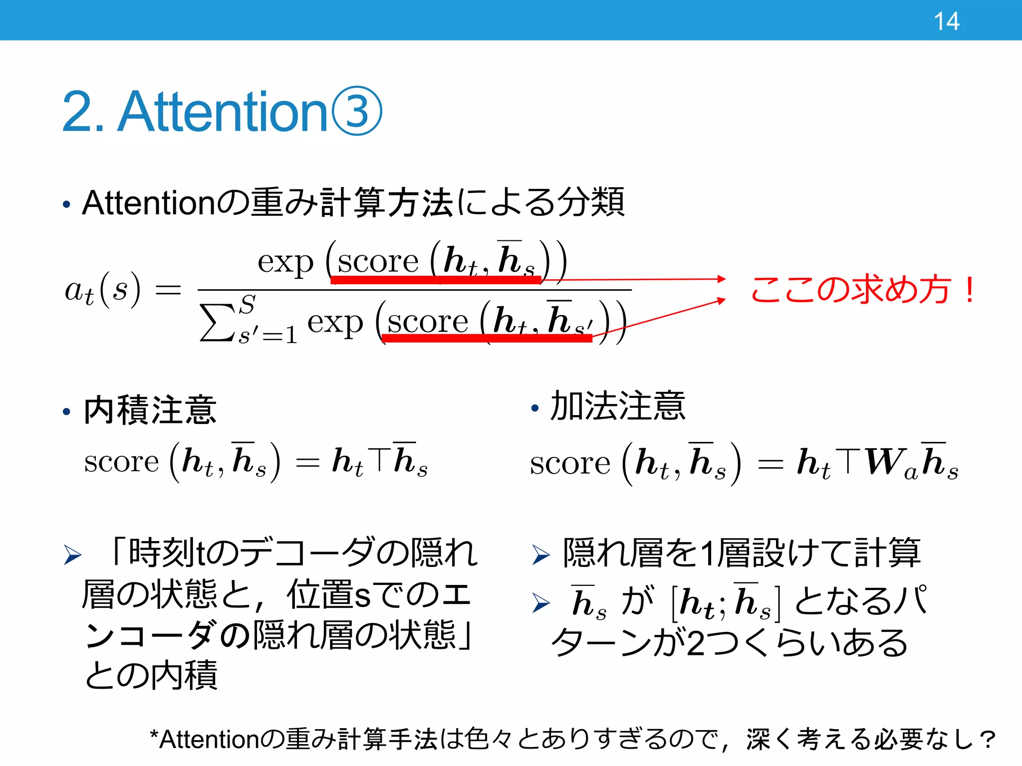 2. Attention③
• Attentionの重み計算方法による分類
14
ここの求め方！
• 内積注意
 「時刻tのデコーダの隠れ
層の状態と，位置sでのエ
ンコーダの隠れ層の状態」
との内積
• 加法注意
 隠れ層を1層設けて計算
 が となるパ
ターンが2つくらいある
*Attentionの重み計算手法は色々とありすぎるので，深く考える必要なし？
 