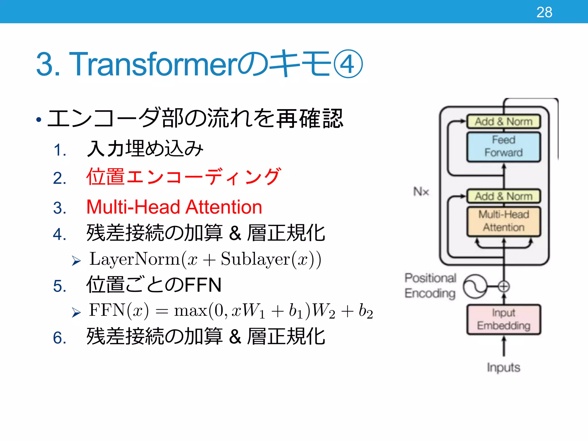 3. Transformerのキモ④
• エンコーダ部の流れを再確認
1. 入力埋め込み
2. 位置エンコーディング
3. Multi-Head Attention
4. 残差接続の加算 & 層正規化

5. 位置ごとのFFN

6. 残差接続の加算 & 層正規化
28
 