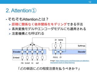 2. Attention
? ⤽AttentionȤϣ
? xvSʤvSǥ󥰤Ǥַ
? ϵЉQǥ䥨󥳩`ǥˤmä
? עCȤФ
12
ɤ΅gZˤɤγ̶עB٤
Image: https://www.quora.com/How-does-an-attention-
mechanism-work-in-deep-learning
 