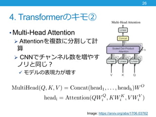 4. TransformerΥ
? Multi-Head Attention
? Attention}˷ָӋ

? CNNǥͥ򉈤䤹
Υͬ
? ǥαF
26
Image: https://arxiv.org/abs/1706.03762
 