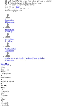 22. Joule Thief: Drawing energy from a dead cell using an inductor
23. IR (Infrared) Security or Intrusion Alarm System
24. Temperature Sensor using a thermistor
9 months ago Reply
Are you sure you want to Yes No
Your message goes here
fatimafariya
23 hours ago
Sherin Malik
1 week ago
Aanee Dash
1 week ago
Harsha Vardhan
2 weeks ago
phoebe anne grace gonzales , Assistant Matron at Slu Lrh
1 month ago
Show More
No Downloads
Views
Total Views
92,455
On Slideshare
0
From Embeds
0
Number of Embeds
3
Actions
Shares
102
Downloads
5,347
Comments
1
Likes
74
Embeds 0
No embeds
 