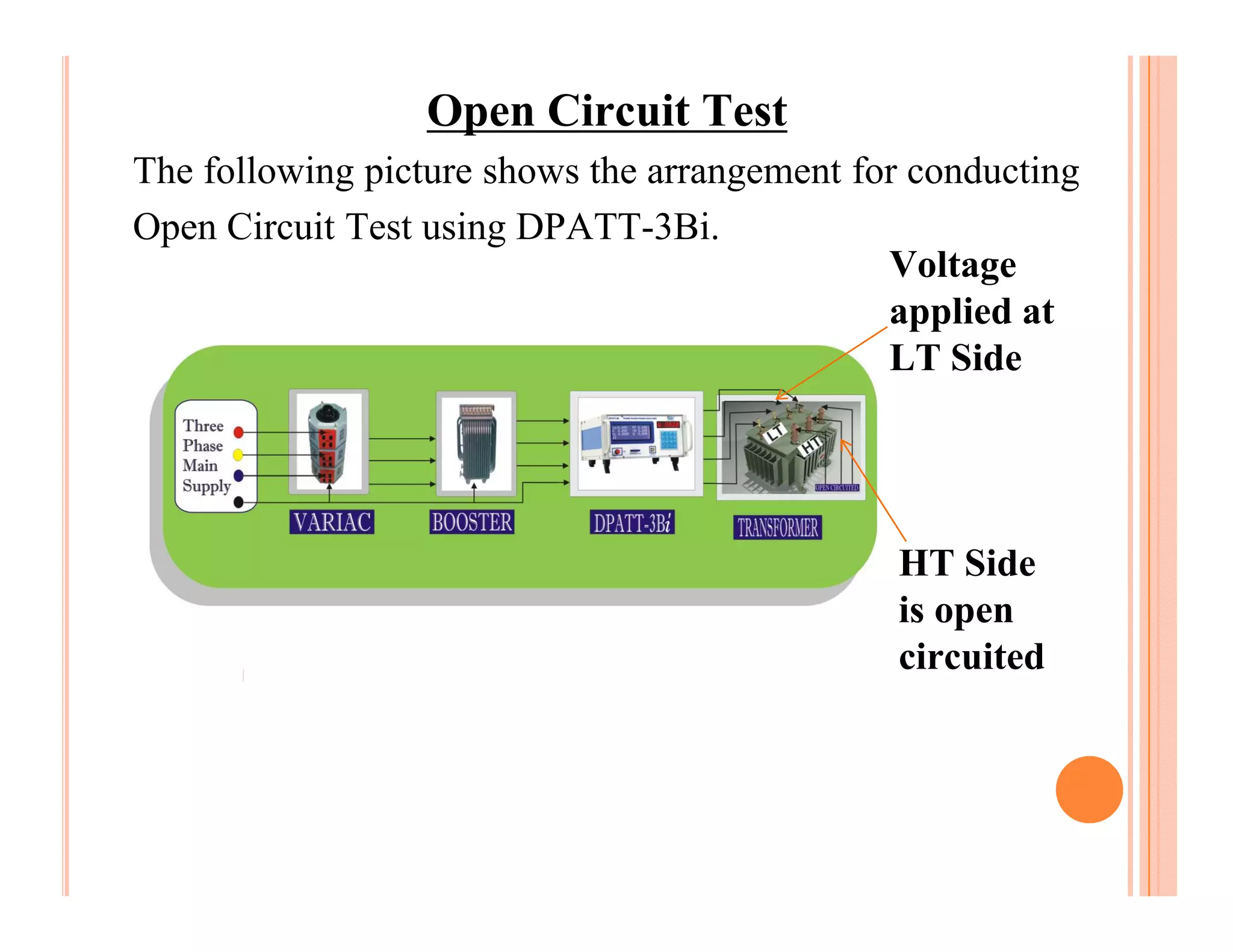 Open Circuit Test
The following picture shows the arrangement for conducting
Open Circuit Test using DPATT-3Bi.
                                              Voltage
                                              applied at
                                              LT Side




                                              HT Side
                                              is open
                                              circuited
 