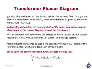 Transformer Phasor Diagram
10/28/2023 36
Electrical Machines
 Aamir Hasan Khan
Ignoring the excitation of the branch (since the current flow through the
branch is considered to be small), more consideration is given to the series
impedances (Req +jXeq).
Voltage Regulation depends on magnitude of the series impedance and the
phase angle of the current flowing through the transformer.
Phasor diagrams will determine the effects of these factors on the voltage
regulation. A phasor diagram consist of current and voltage vectors.
Assume that the reference phasor is the secondary voltage, VS. Therefore the
reference phasor will have 0 degrees in terms of angle.
Based upon the equivalent circuit, apply Kirchoff Voltage Law,
S
eq
S
eq
S
P
I
jX
I
R
V
k
V



 
