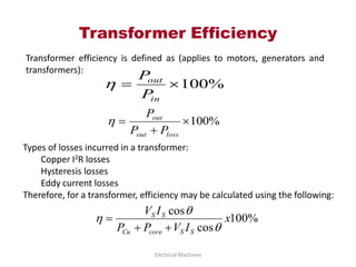Transformer Efficiency
Electrical Machines
Transformer efficiency is defined as (applies to motors, generators and
transformers):
%
100


in
out
P
P

%
100



loss
out
out
P
P
P

Types of losses incurred in a transformer:
Copper I2R losses
Hysteresis losses
Eddy current losses
Therefore, for a transformer, efficiency may be calculated using the following:
%
100
cos
cos
x
I
V
P
P
I
V
S
S
core
Cu
S
S






 