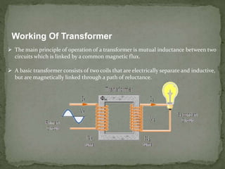 Working Of Transformer
 The main principle of operation of a transformer is mutual inductance between two
circuits which is linked by a common magnetic flux.
 A basic transformer consists of two coils that are electrically separate and inductive,
but are magnetically linked through a path of reluctance.
 