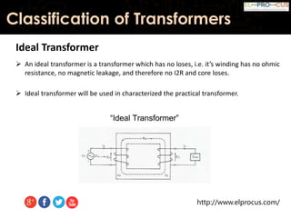 http://www.elprocus.com/
Classification of Transformers
Ideal Transformer
 An ideal transformer is a transformer which has no loses, i.e. it’s winding has no ohmic
resistance, no magnetic leakage, and therefore no I2R and core loses.
 Ideal transformer will be used in characterized the practical transformer.
 