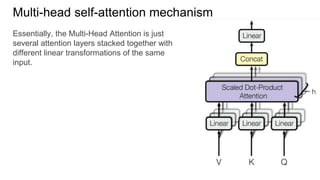 Multi-head self-attention mechanism
Essentially, the Multi-Head Attention is just
several attention layers stacked together with
different linear transformations of the same
input.
 