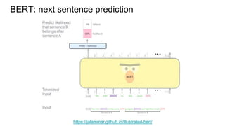 BERT: next sentence prediction
https://jalammar.github.io/illustrated-bert/
 
